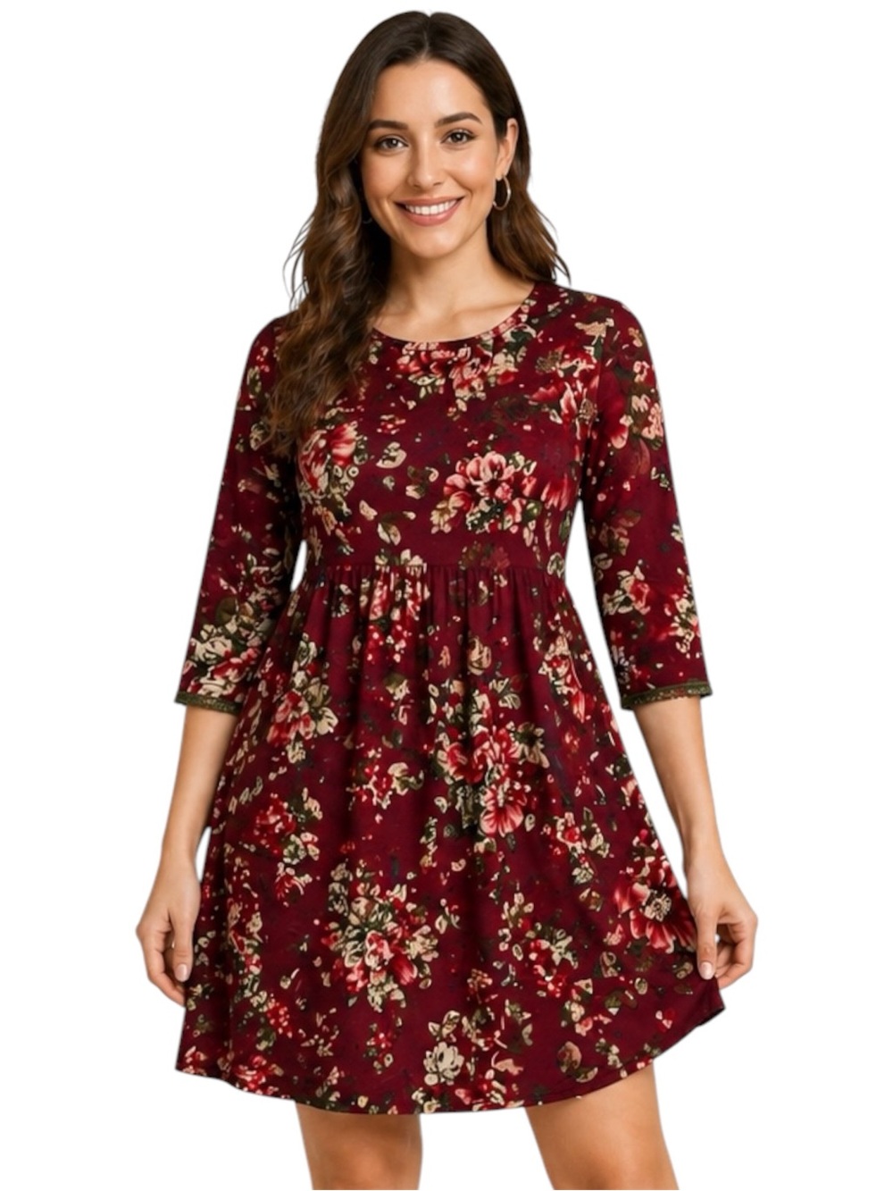Uncle Frank Floral Babydoll Tunic Dress Burgundy Boho Bell Sleeve Size M